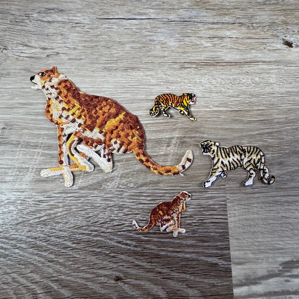Vintage 90s Embroidered Tiger & Big Cat Iron On Patch Set DIY Upcycle